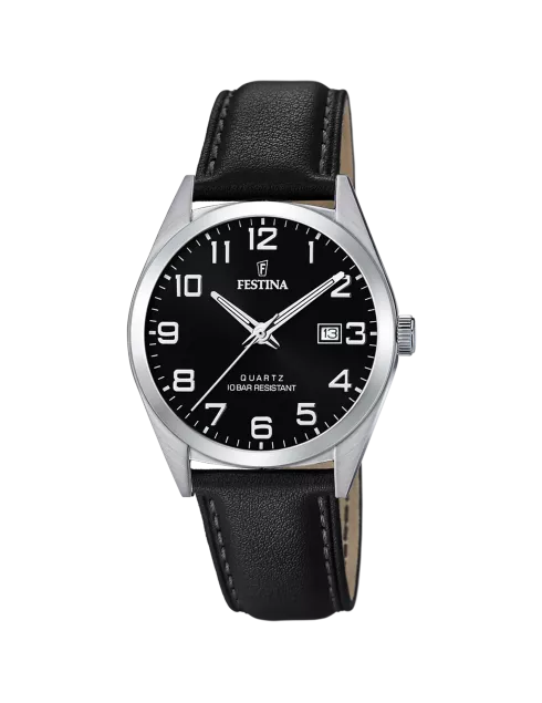 Montre Homme Festina Classics F20446/3 Acier Bracelet Cuir Noir Cadran Noir