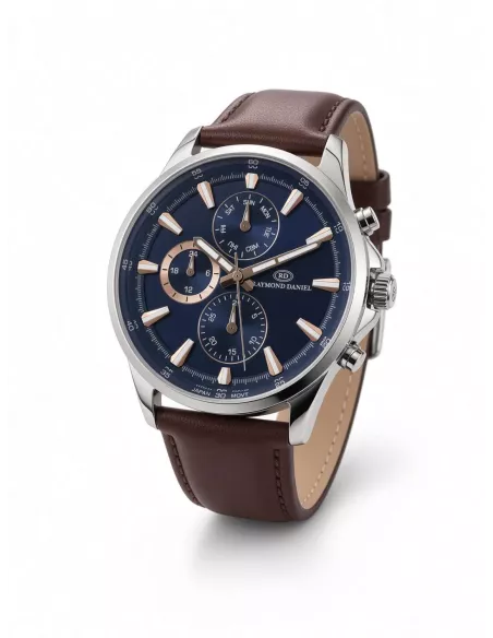 Montre Homme RAYMOND DANIEL RD015089B-F — Cadran bleu, acier et cuir marron